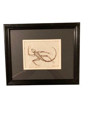 Framed Copper Wire Art Lizard Sculpture On Textured Background Signed J. Ogle
